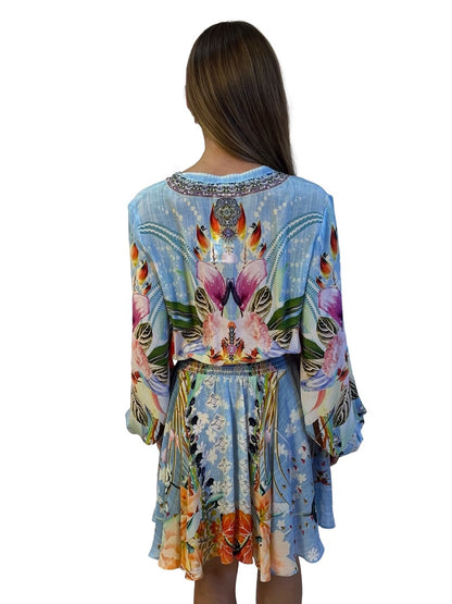 Camilla Light Blue / Multi-Colour The Still Abyss Shirred Relaxed Short Dress. Size: S