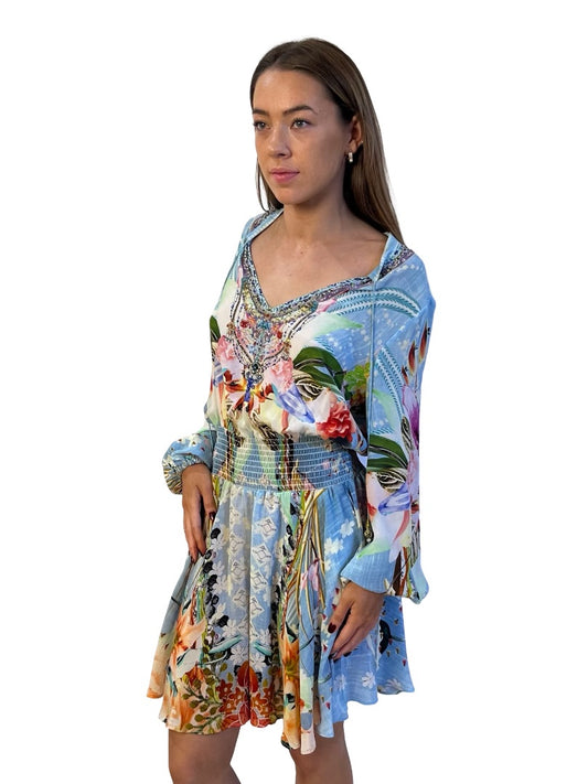 Camilla Light Blue / Multi-Colour The Still Abyss Shirred Relaxed Short Dress. Size: S