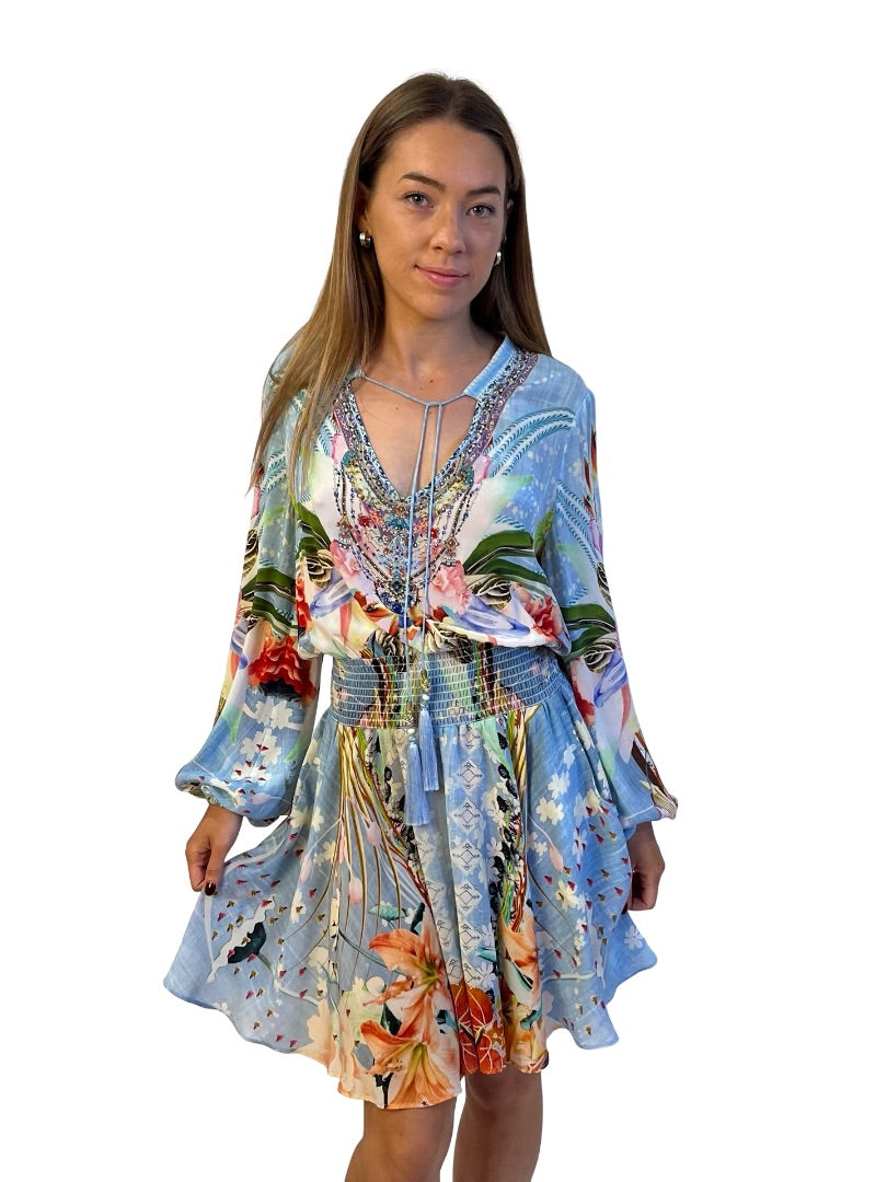 Camilla Light Blue / Multi-Colour The Still Abyss Shirred Relaxed Short Dress. Size: S
