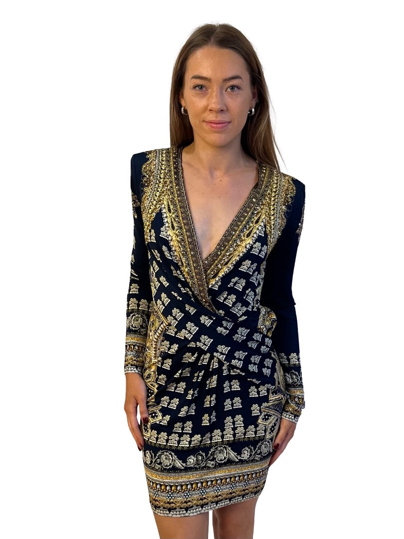 Camilla Black / Gold It's All Over Torero V Neck Cross Front Dress. Size: S