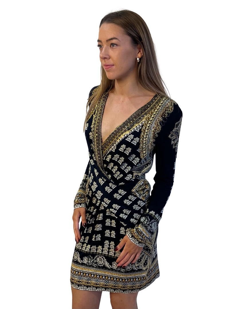 Camilla Black / Gold It's All Over Torero V Neck Cross Front Dress. Size: S