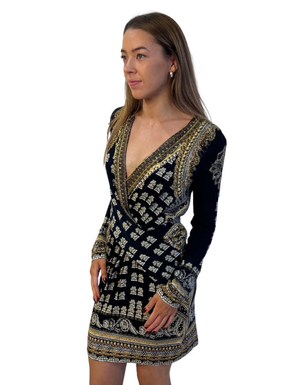 Camilla Black / Gold It's All Over Torero V Neck Cross Front Dress. Size: S