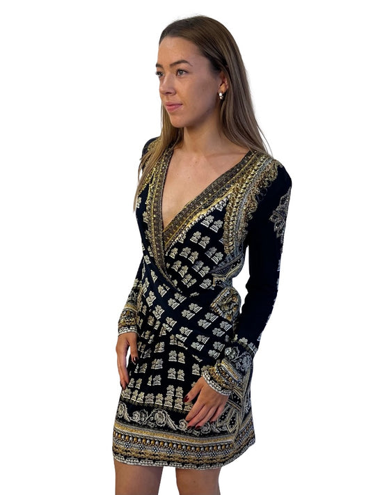 Camilla Black / Gold It's All Over Torero V Neck Cross Front Dress. Size: S
