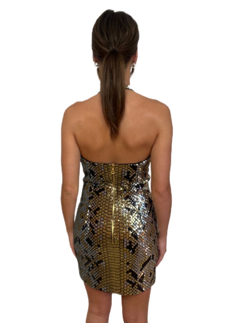 Balmain Snake Print Sequin Halter Neck Dress. Size: 38
