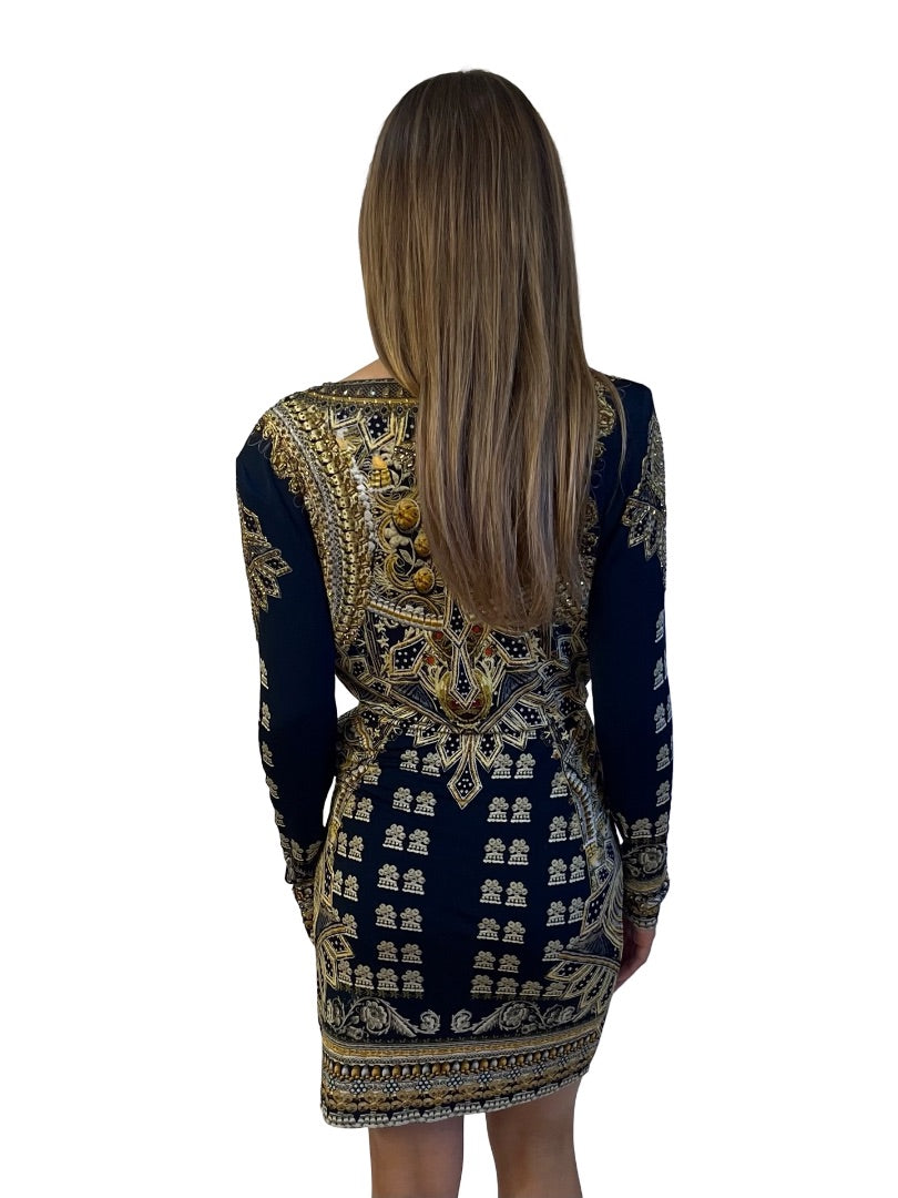 Camilla Black / Gold It's All Over Torero V Neck Cross Front Dress. Size: S