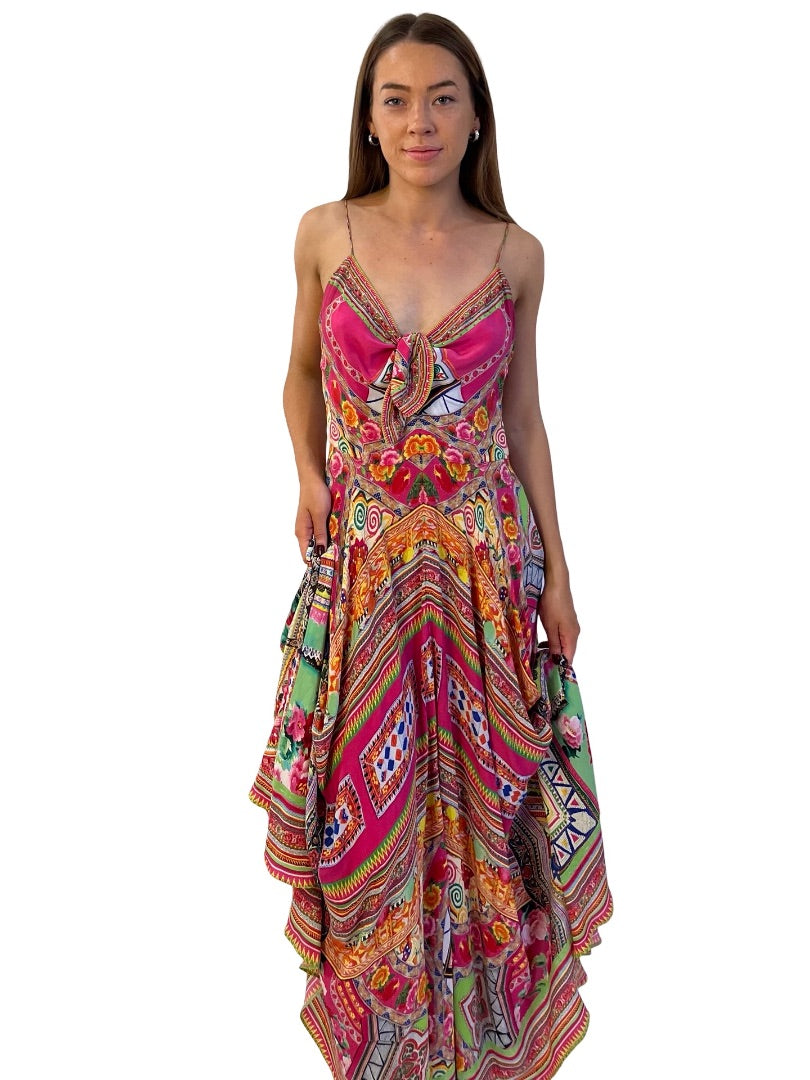 Camilla Pink / Multi-Colour Long Dress w/ Tie Front in Hanni Honey. Size: M