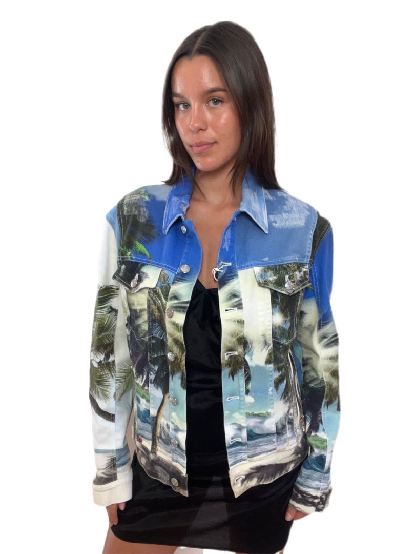 Balmain Island Print Denim Jacket. Size: 48