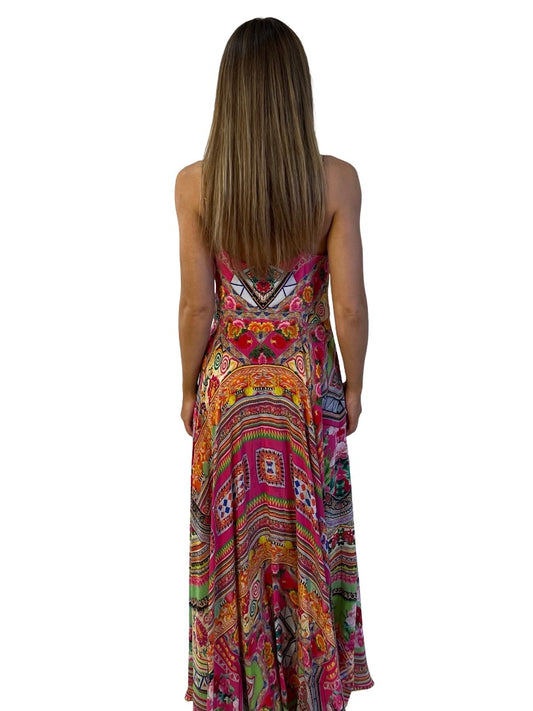 Camilla Pink / Multi-Colour Long Dress w/ Tie Front in Hanni Honey. Size: M