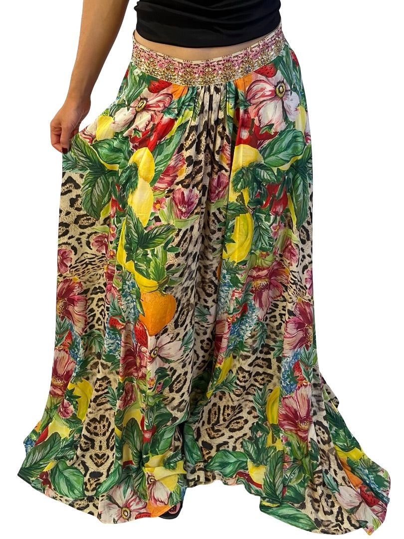 Camilla Green / Multi-Colour Floral & Fruit Print Maxi Skirt w/ Embellished Waist. Size: S