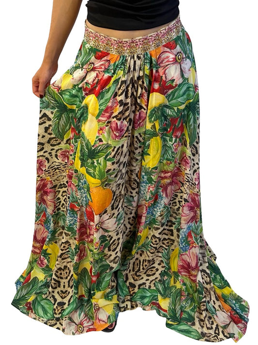 Camilla Green / Multi-Colour Floral & Fruit Print Maxi Skirt w/ Embellished Waist. Size: S