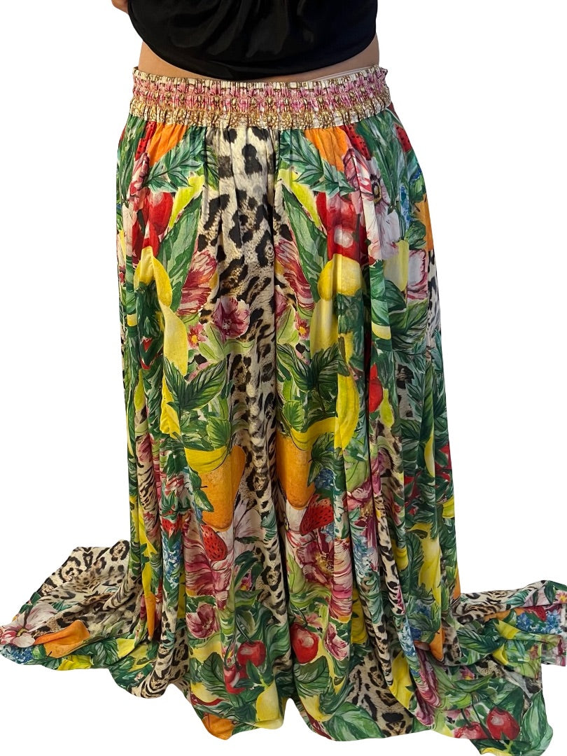 Camilla Green / Multi-Colour Floral & Fruit Print Maxi Skirt w/ Embellished Waist. Size: S