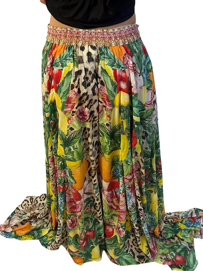 Camilla Green / Multi-Colour Floral & Fruit Print Maxi Skirt w/ Embellished Waist. Size: S