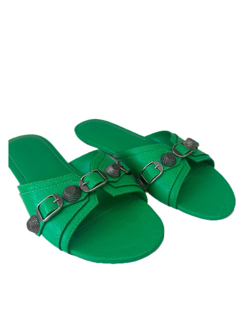 Balenciaga Green Cagole Studded Leather Sandals. Size: 38