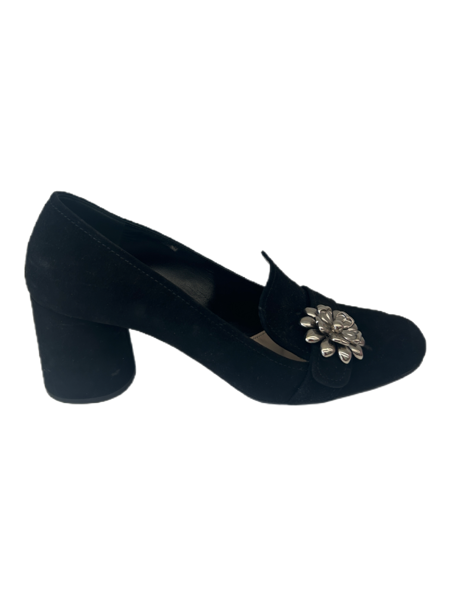 Prada Black Block Heels w Silver Flower Detail. Size: 38
