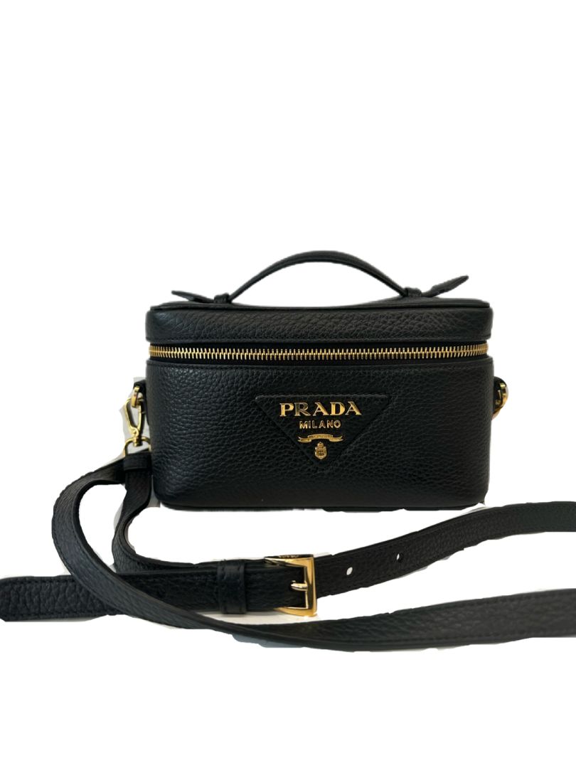 Prada Black  Vanity Zipped Mini Shoulder Bag w Gold Hardware.