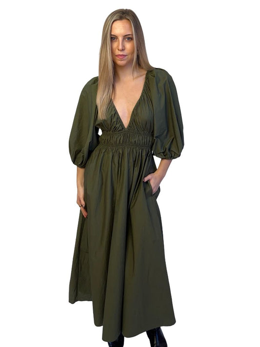 Matteau Dark Green Puff Sleeve Cotton Maxi Dress. Size: 6