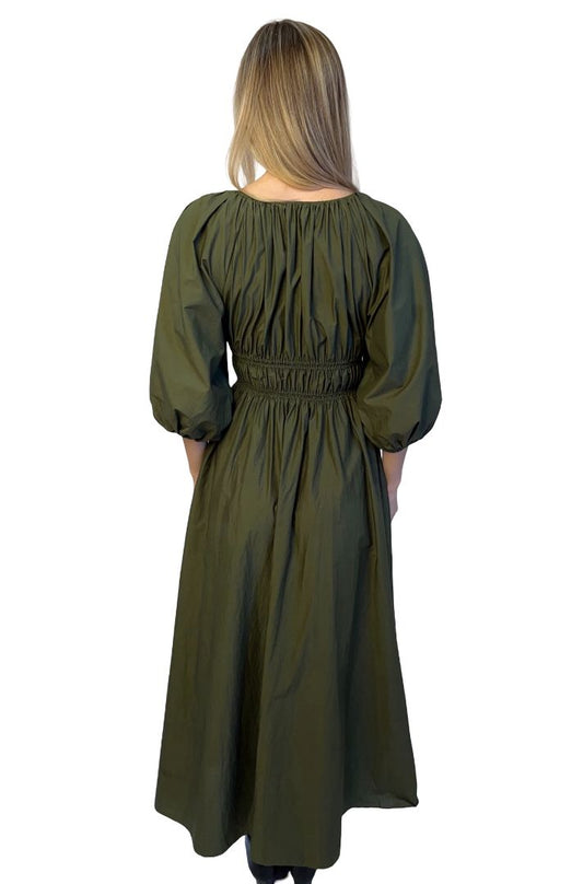 Matteau Dark Green Puff Sleeve Cotton Maxi Dress. Size: 6