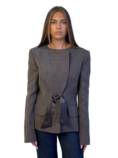 Giorgio Armani Brown / Grey Glencheck Plaid Wool Blazer. Size: 46