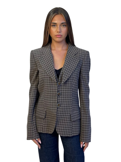 Giorgio Armani Grey / Brown Silk Blend Houndstooth Blazer w/ Detached Lapels. Size: 44