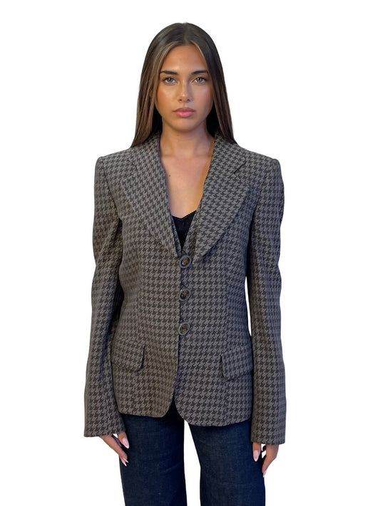 Giorgio Armani Grey / Brown Silk Blend Houndstooth Blazer w/ Detached Lapels. Size: 44