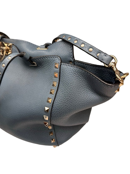 Valentino Garavani Blue Large Studded Rockstud Leather 'Trapeze' Crossbody Bag.