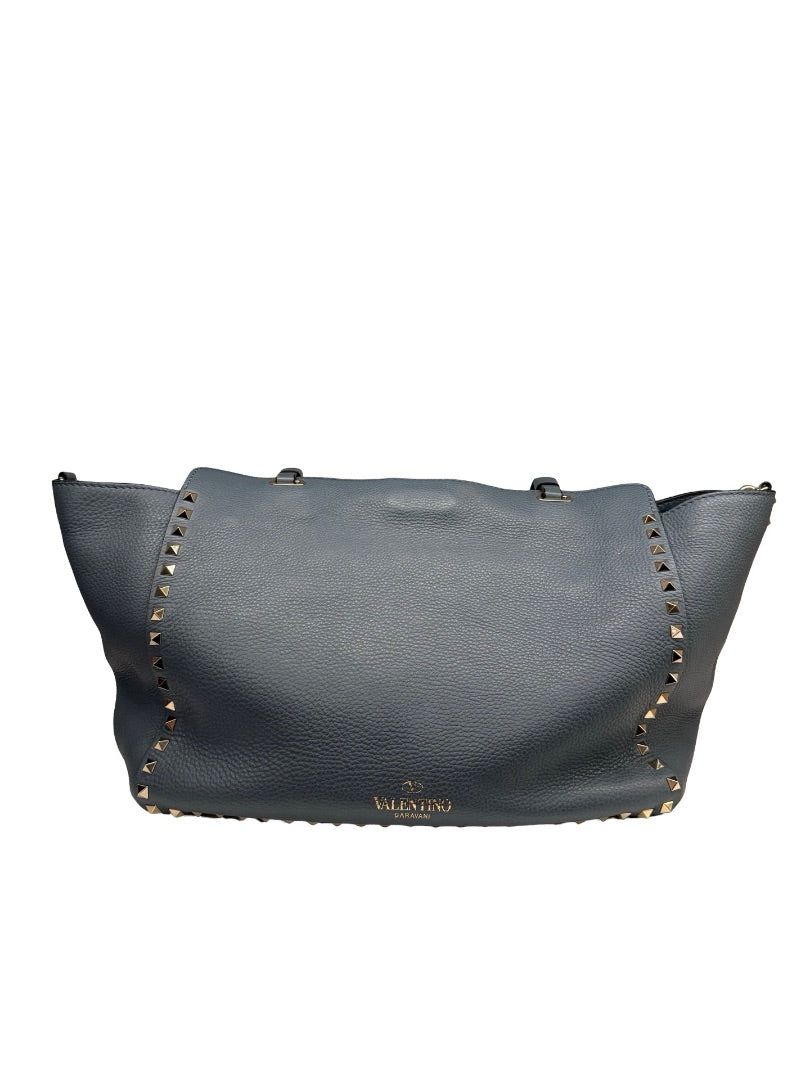 Valentino Garavani Blue Large Studded Rockstud Leather 'Trapeze' Crossbody Bag.