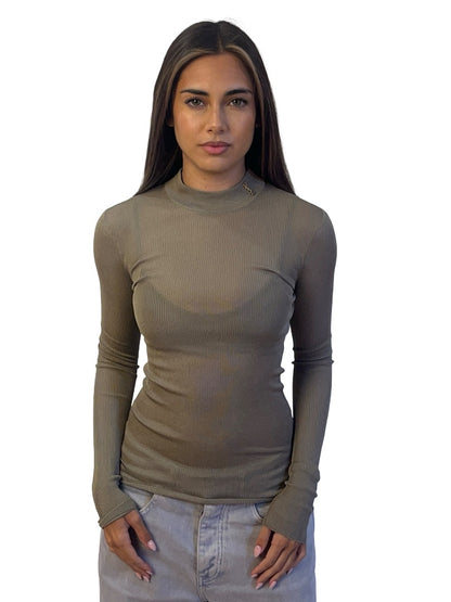 Yves Saint Laurent Beige Stretch Rib Knit Long Sleeve. Size: XS/XXS