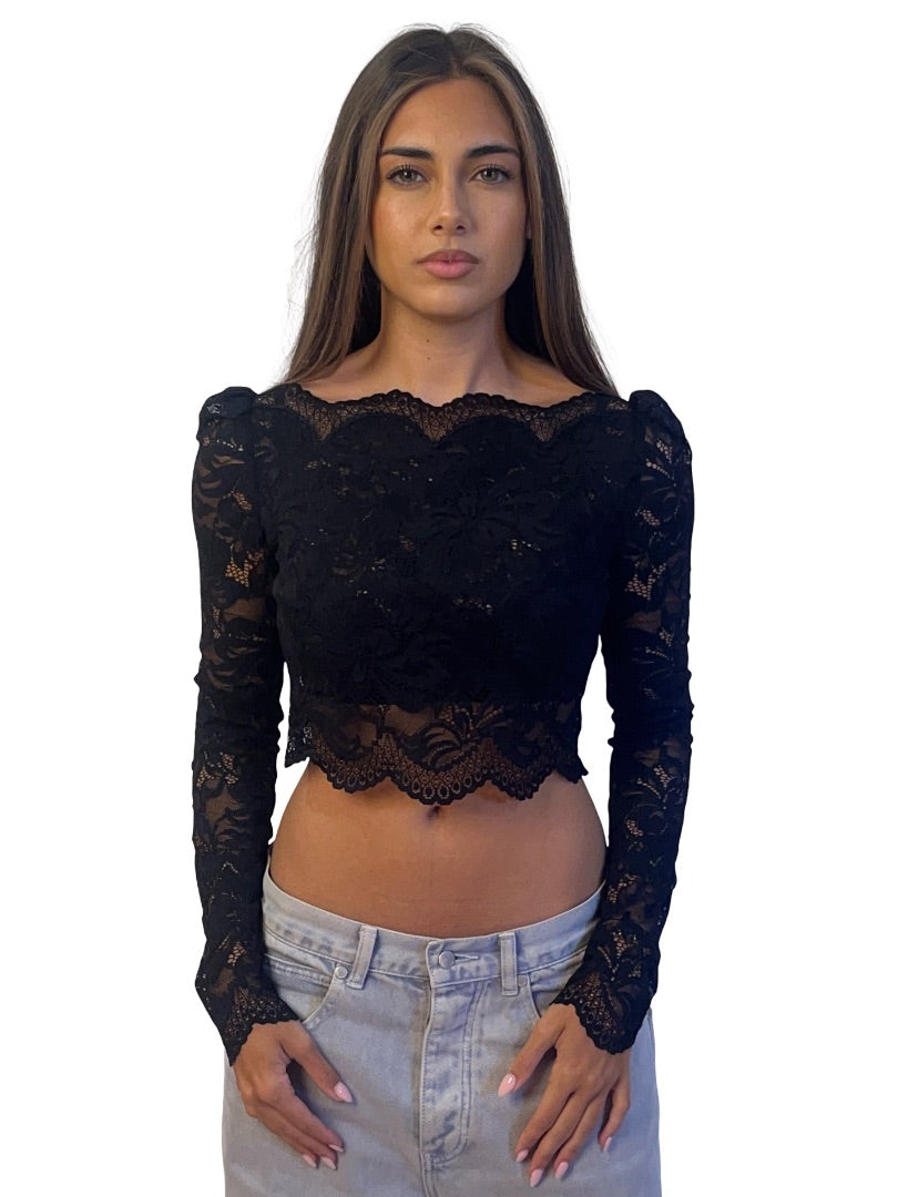 Rabbane Black Long Sleeve Cropped Lace Top. Size: 36