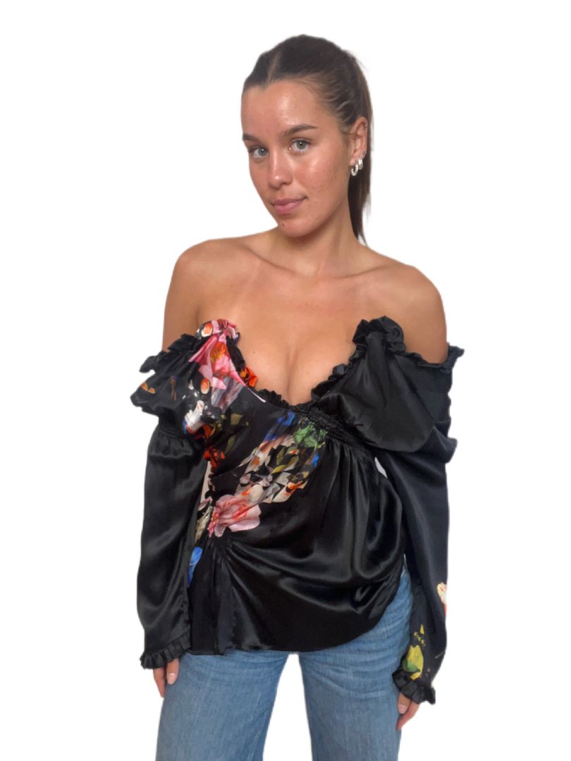 Preen Black w Floral Off-The-Shoulder Top. Size: XS