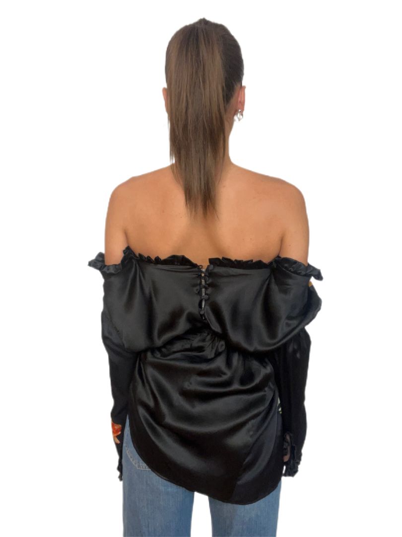 Preen Black w Floral Off-The-Shoulder Top. Size: XS