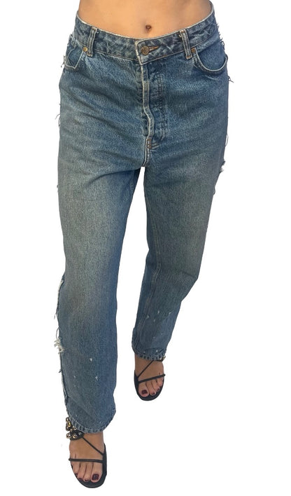 Essentiel Antwerp Blue Side Fray Button Fly Jeans. Size: 30