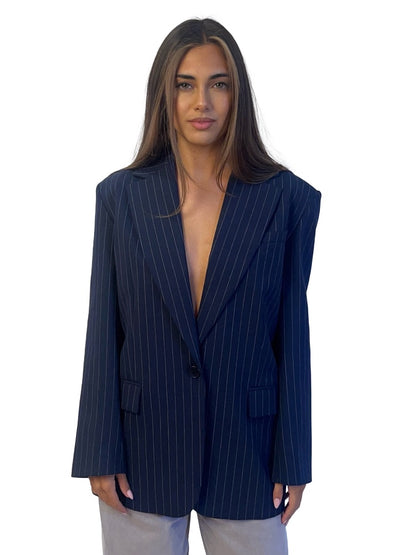Maje Navy Pinstripe Single Breasted Wool Blend Blazer. Size: 36