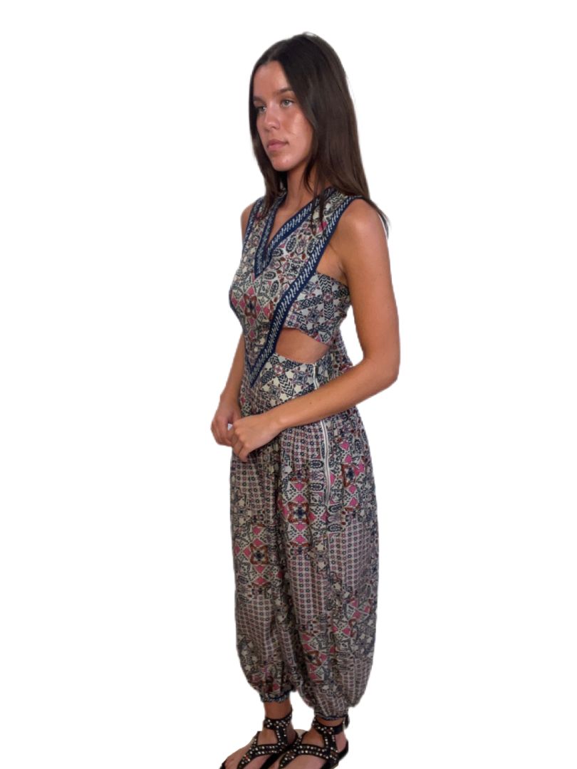 Flannel Floral Jumpsuit w Open Midriff. Size: 0