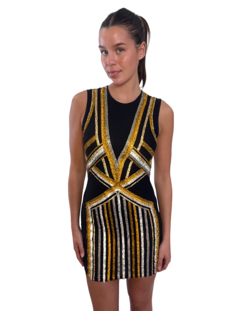 Balmain Black & Gold Mini Rhinestone Dress. Size: 36