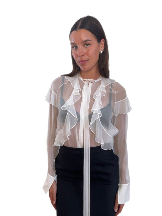 Givenchy White Sheer Button- Down Blouse w Ruffles. Size: 38
