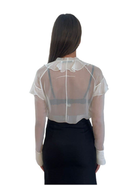 Givenchy White Sheer Button- Down Blouse w Ruffles. Size: 38