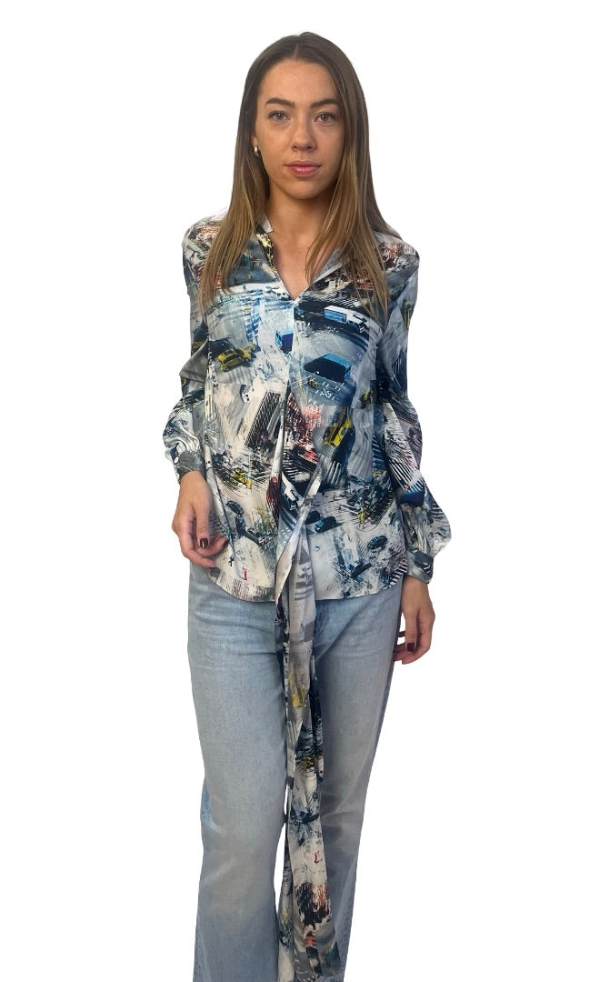 Scanlan Theodore Blue / Multi-Colour Silk Street Print Blouse. Size: 8
