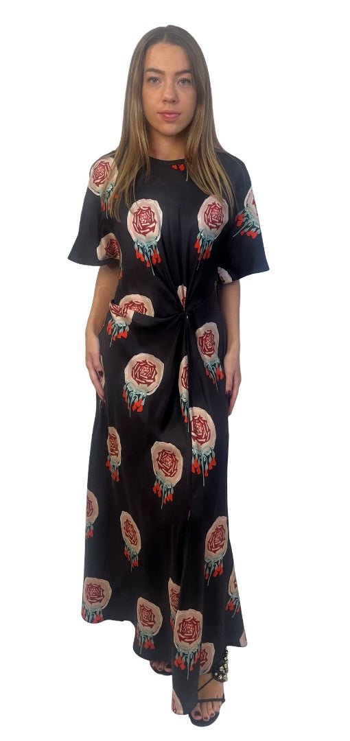 Oroton Black 'Winter Floral' Silk Gathered Twist Front Dress. Size: 14