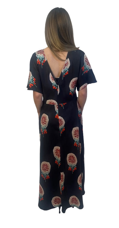 Oroton Black 'Winter Floral' Silk Gathered Twist Front Dress. Size: 14