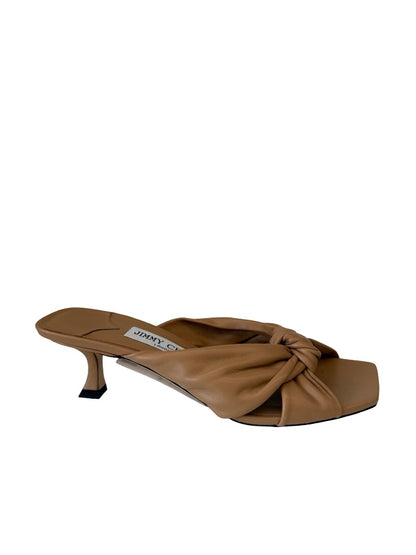 Jimmy Choo Camel Leather Twist Front 'Avenue 50' Mules. Size: 37