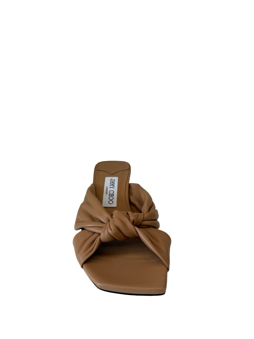 Jimmy Choo Camel Leather Twist Front 'Avenue 50' Mules. Size: 37