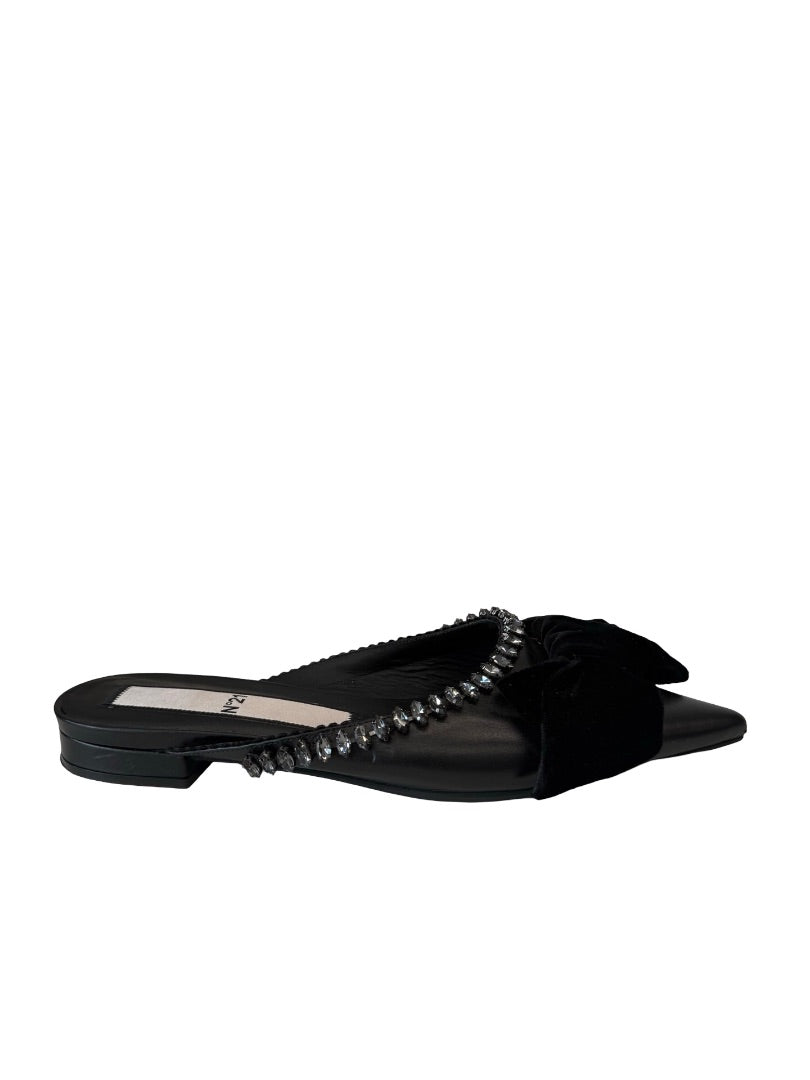 N21 Black Satin Bow Leather Flats W Crystal Trim. Size: 38.5
