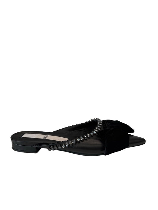 N21 Black Satin Bow Leather Flats W Crystal Trim. Size: 38.5