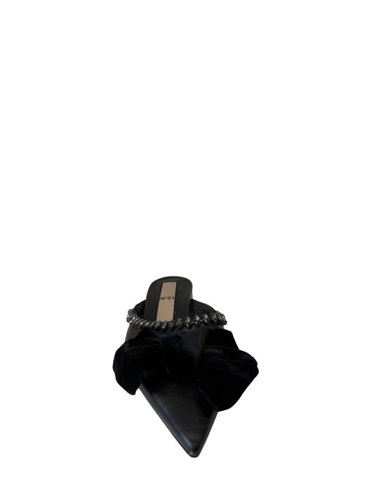 N21 Black Satin Bow Leather Flats W Crystal Trim. Size: 38.5