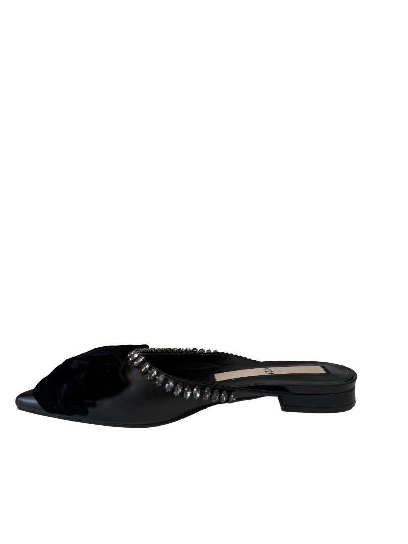 N21 Black Satin Bow Leather Flats W Crystal Trim. Size: 38.5