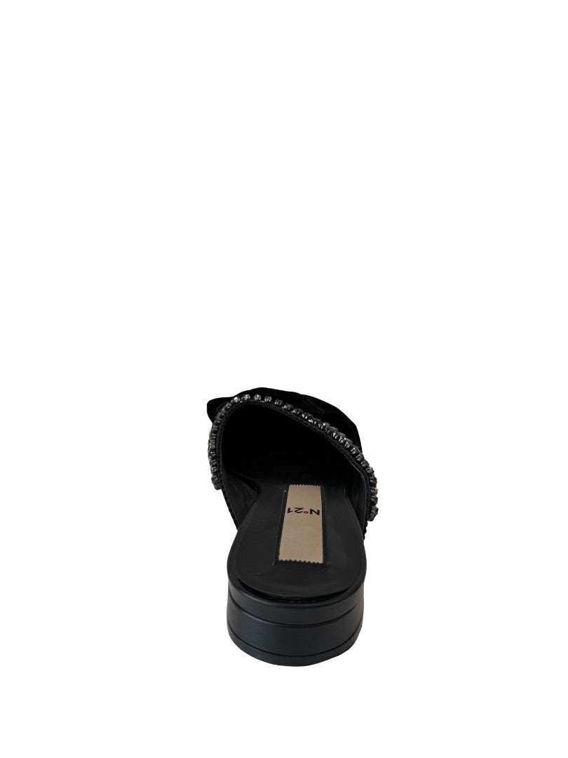 N21 Black Satin Bow Leather Flats W Crystal Trim. Size: 38.5