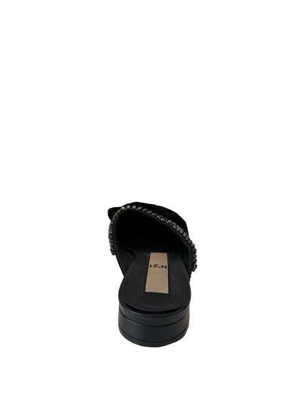 N21 Black Satin Bow Leather Flats W Crystal Trim. Size: 38.5