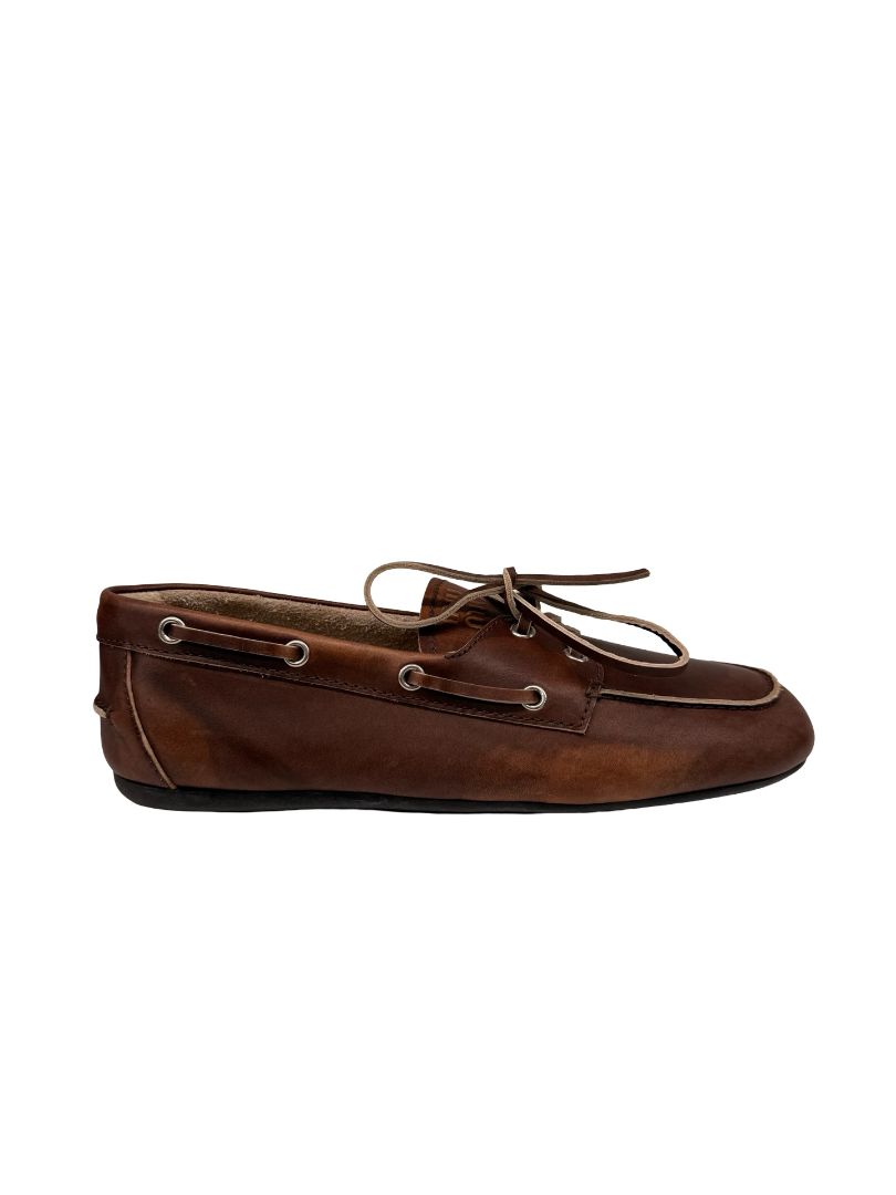 Miu Miu Brown Leather Bleach Effect Lace Up Boat Shoes. Size: 40