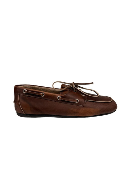 Miu Miu Brown Leather Bleach Effect Lace Up Boat Shoes. Size: 40