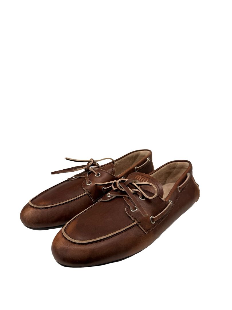Miu Miu Brown Leather Bleach Effect Lace Up Boat Shoes. Size: 40